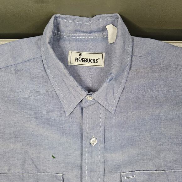 Vintage Roebucks Chambray Shirt XL Blue Lightweight Grunge Sears 60s 70s Work - Picture 7 of 13